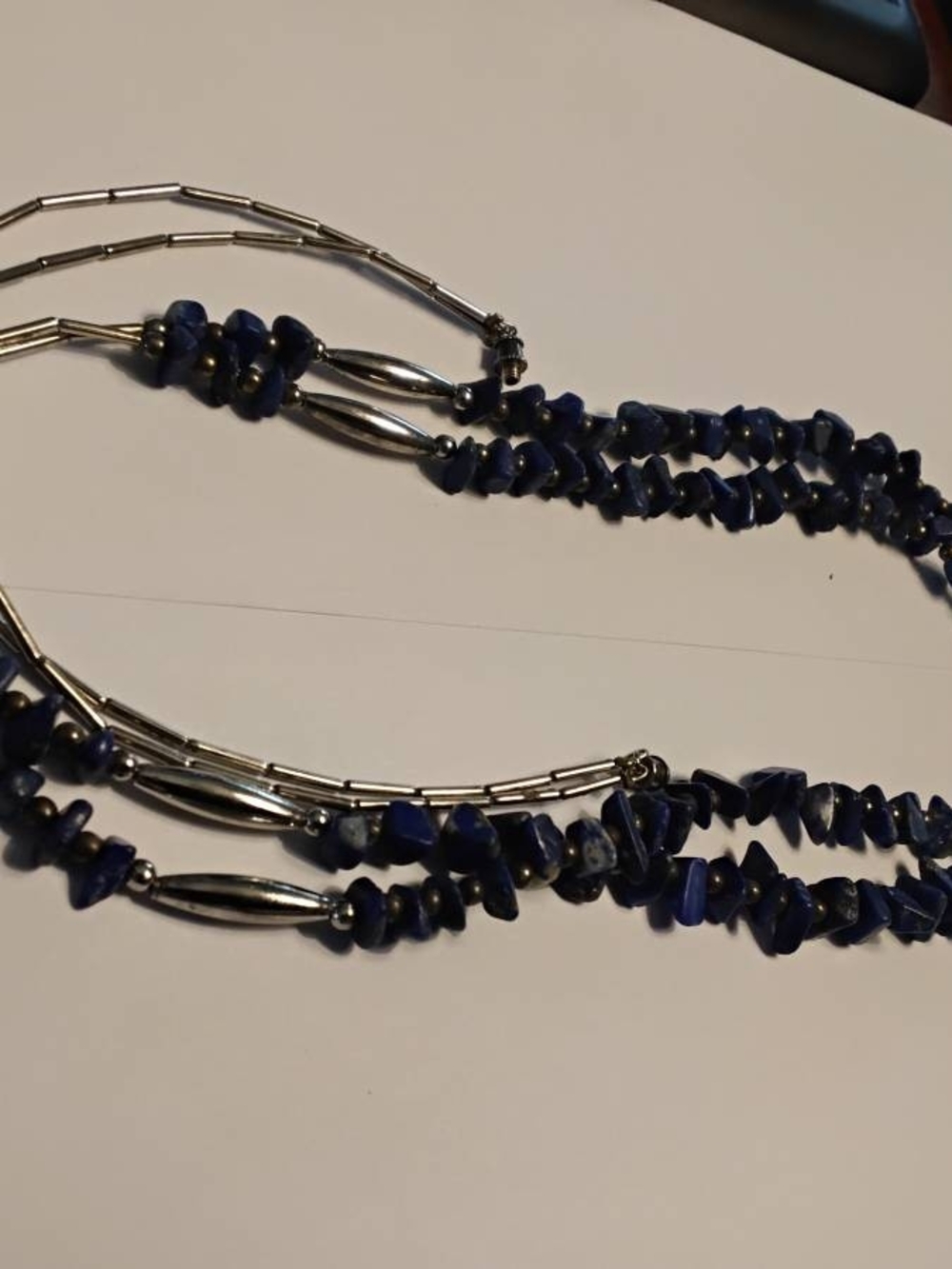 Long Silver Beads And Natural Blue Lapis Lazuli Chips 25.5" Necklace
